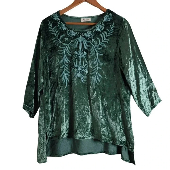 TRU LUXE JEANS GREEN VELVET EMBROIDERED BLOUSE 3/4 SLEEVE CREW NECK SIZE S WOMEN - Picture 1 of 7